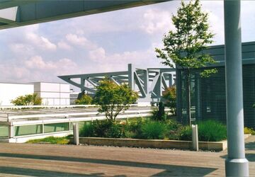 Holzterrasse mit Dachbegrünung vor Oberlicht des Innenhofs