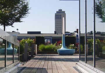 Blick über benachbarte Dächer, davor Grünstreifen und Holzterrasse.